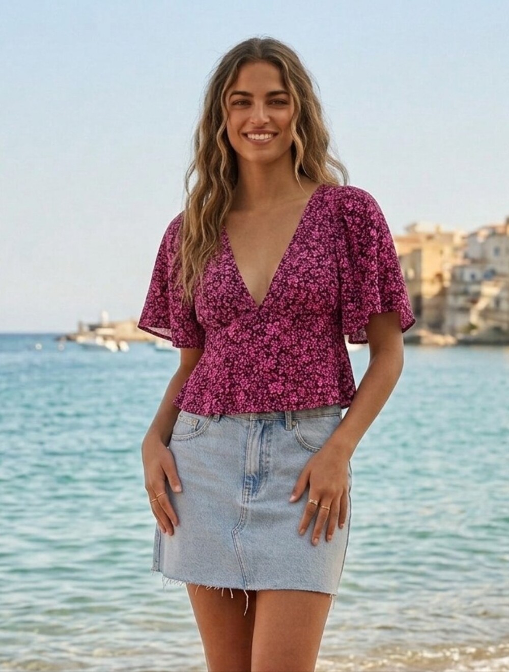 NWT Rip Curl Pink Floral Smocked Crop Top Flutter Sleeve Coastal Boho M